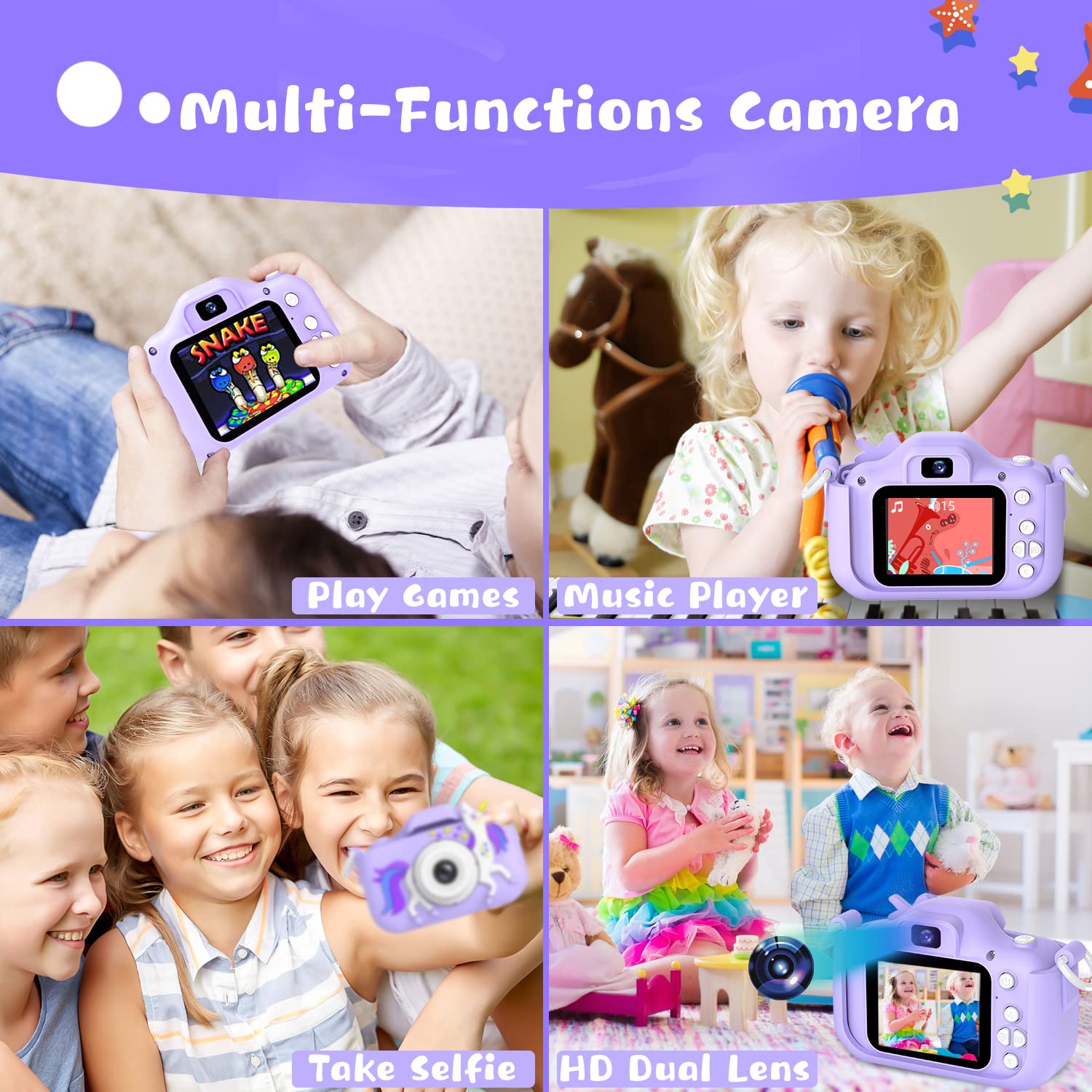 Dwfit Upgrade Kids Camera with cartoon silicone cover protects against bumps.