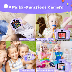 Dwfit Upgrade Kids Camera with cartoon silicone cover protects against bumps.