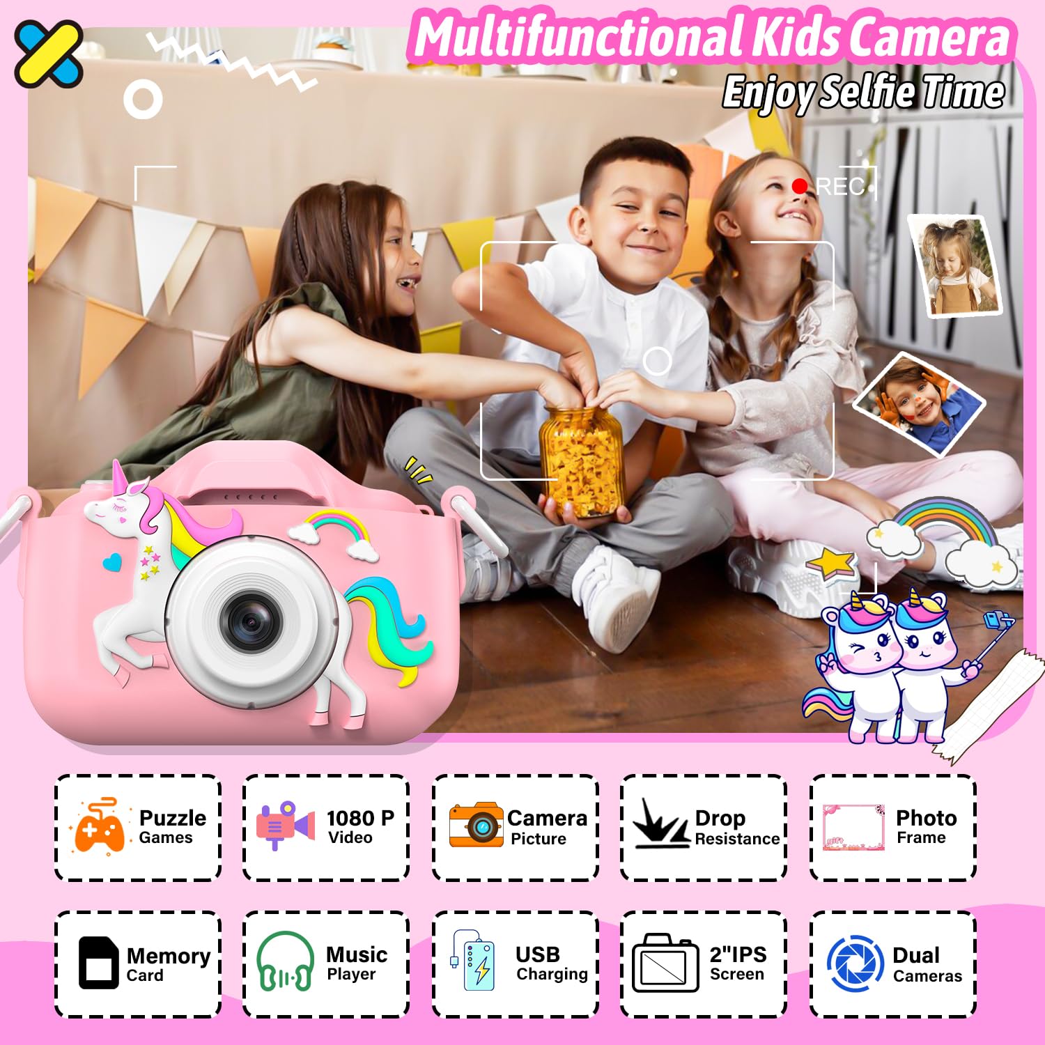 Dwfit Upgrade Selfie Kids Camera dual-camera setup enables simple self-portraits for kids.