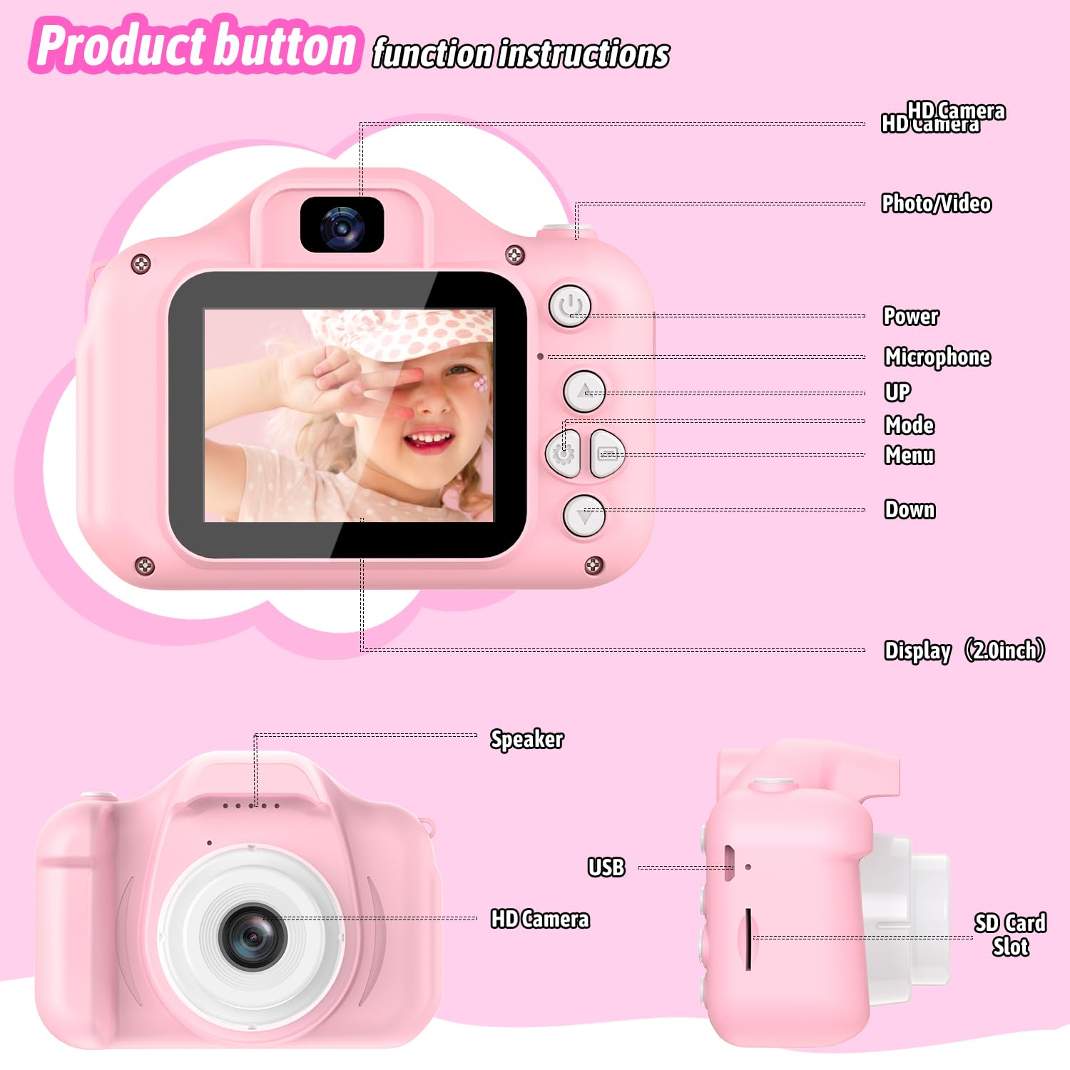 Dwfit Upgrade Selfie Kids Camera memory card included for ample photo storage.