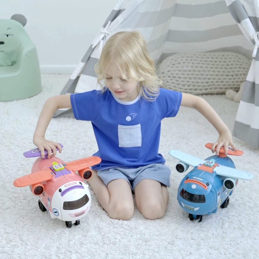 Dwi Dowellin Airplane Car Toy showing sound and light features to spark curiosity during playtime.