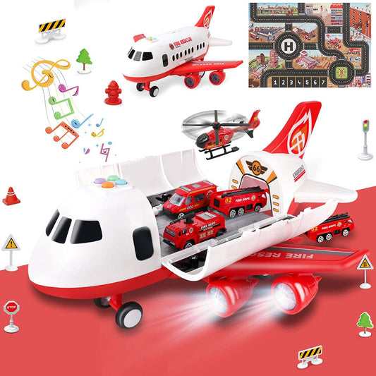 Dwi Dowellin airplane toy with fire trucks and play mat shown for imaginative firefighting play
