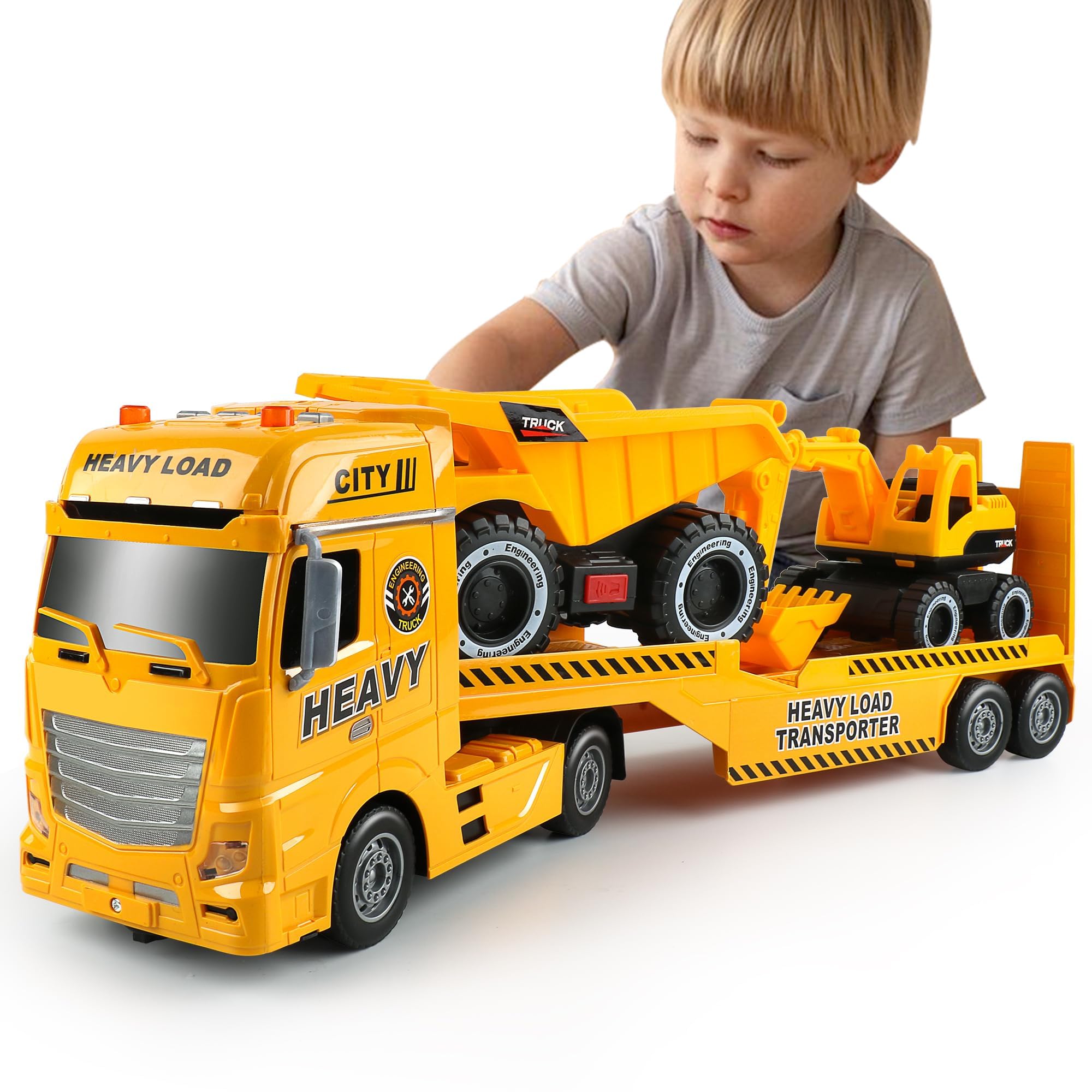 Dwi Dowellin construction trailer toy with a realistic semi-trailer for imaginative play.