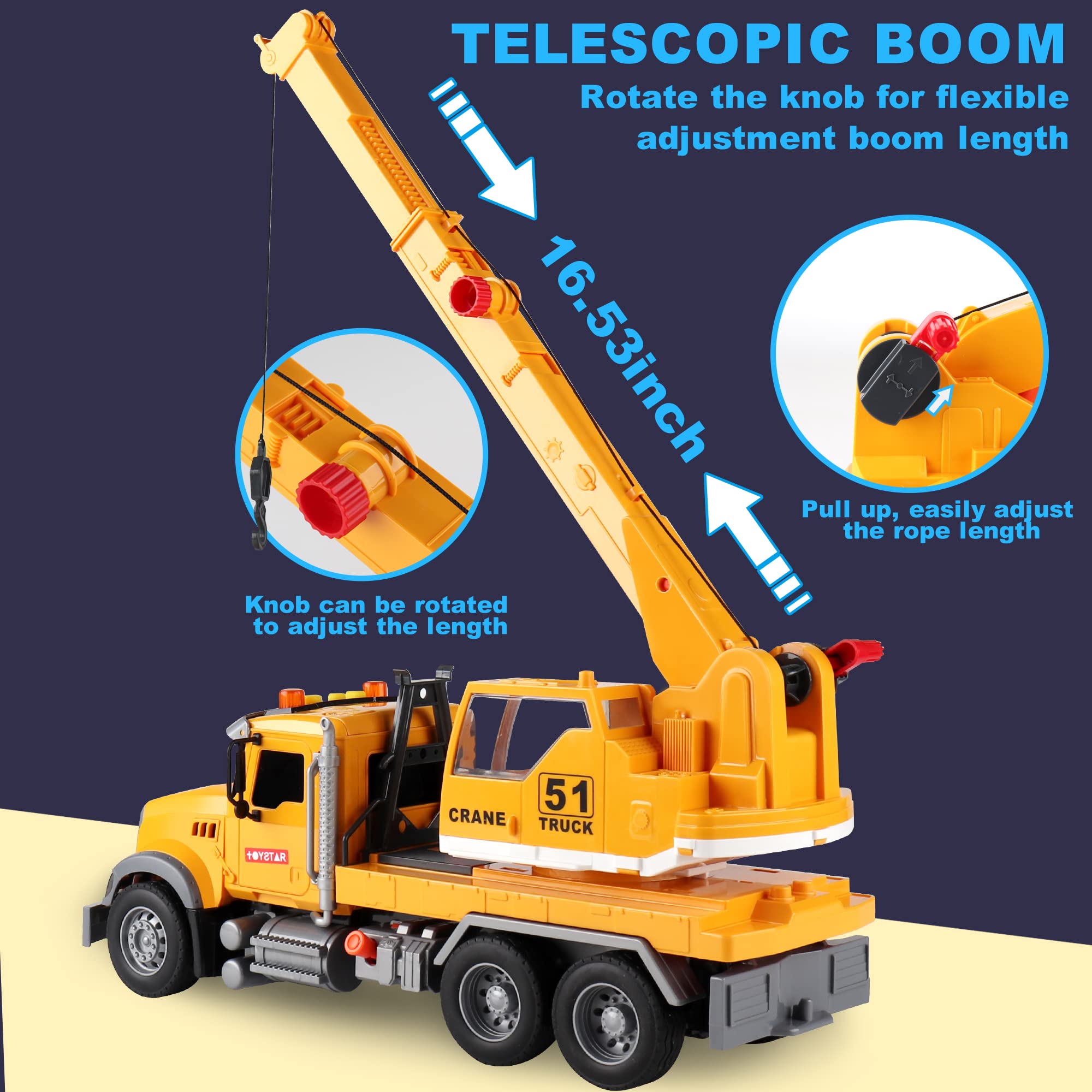 Dwi Dowellin crane truck lights and sounds create interactive exploration for kids.