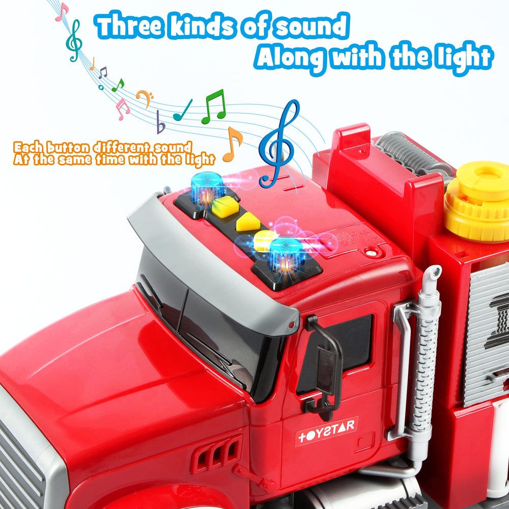 Dwi Dowellin fire truck top buttons lights and sounds for immersive play.