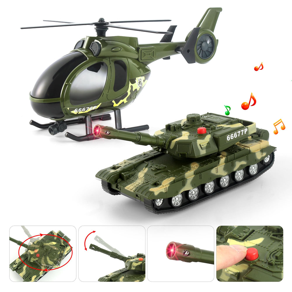 Dwi Dowellin Green Military Big Truck with helicopter and tank for imaginative scenarios
