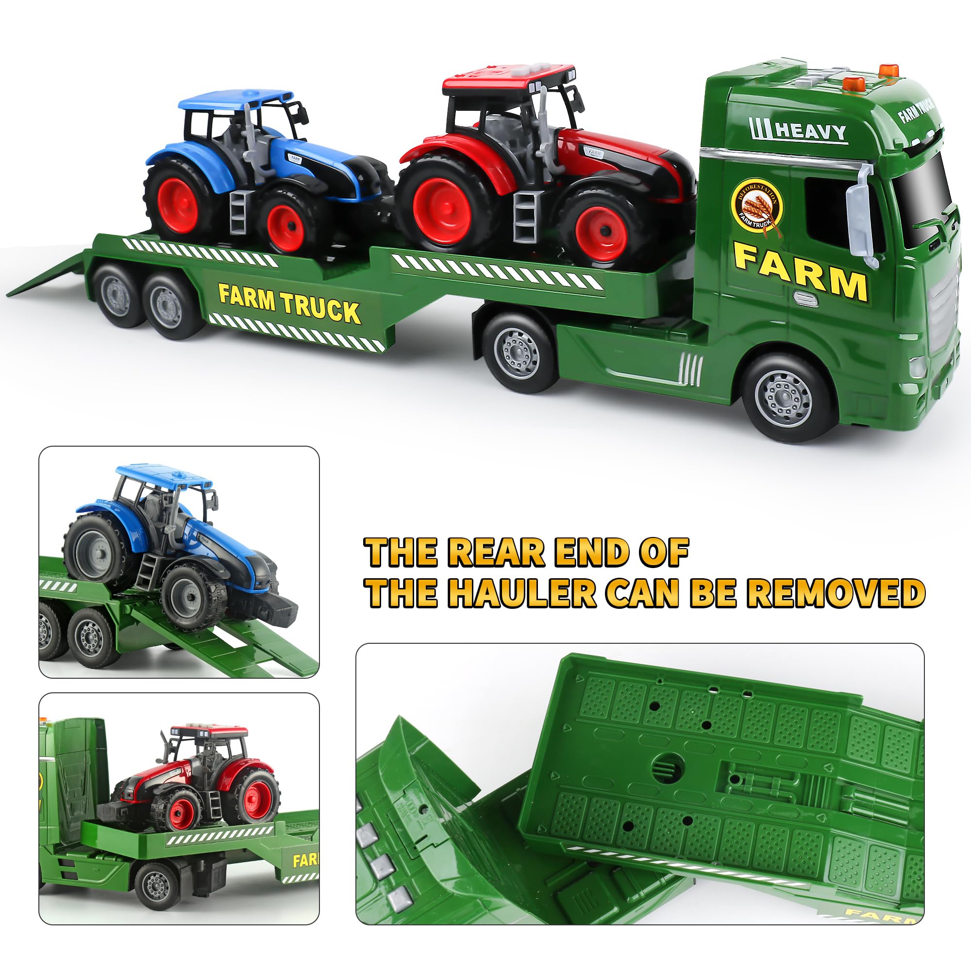 Dwi Dowellin semi-truck toy side view showing movable tailgate for realistic scenes