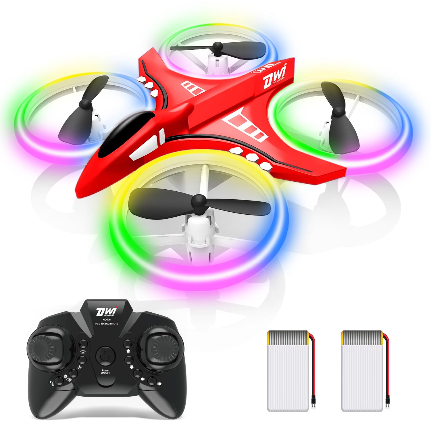 Dwi Dowellin mini drone front view with LED lights, ideal for beginners.