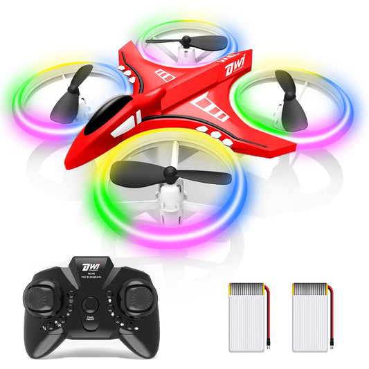 Dwi Dowellin mini drone front view with LED lights, ideal for beginners.
