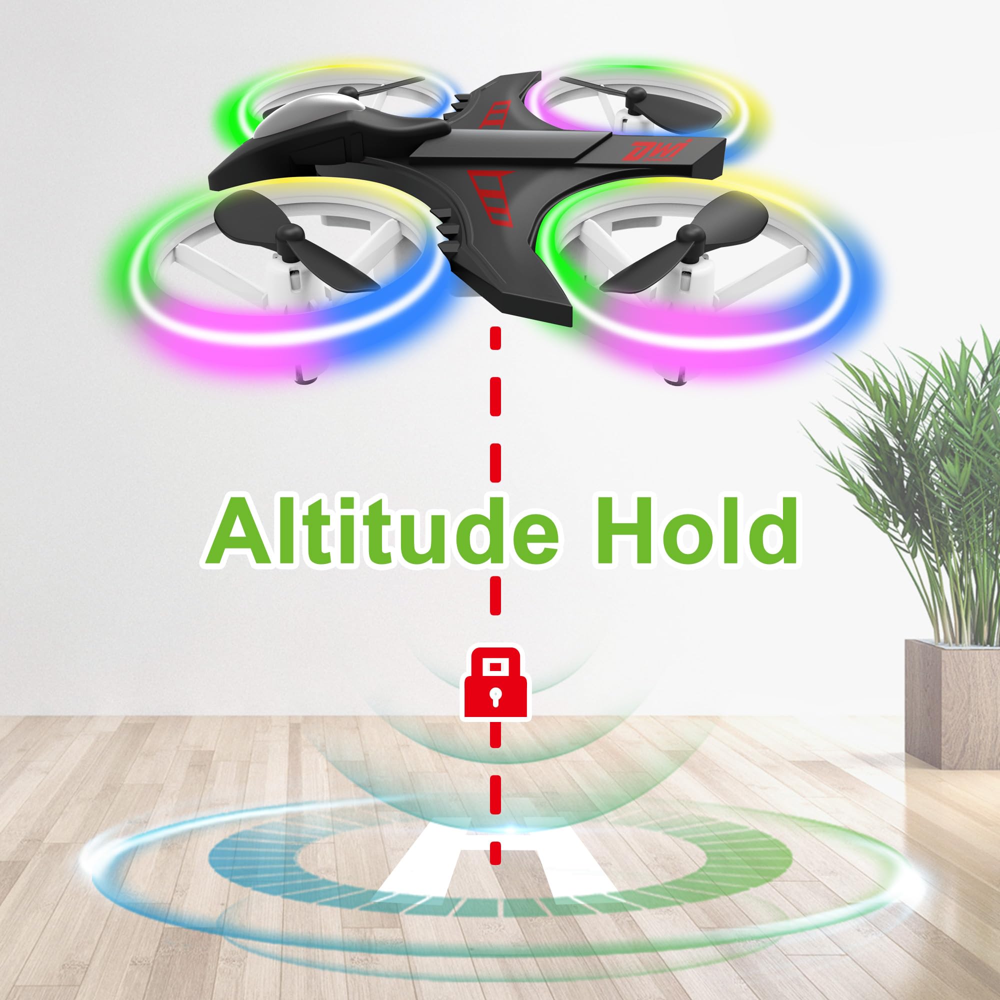 Dwi Dowellin mini drone during dusk flight highlighted by LED lights for visibility.