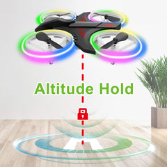 Dwi Dowellin mini drone during dusk flight highlighted by LED lights for visibility.