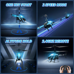 Dwi Dowellin RC Helicopter blue hovering in a room for stable indoor flight.