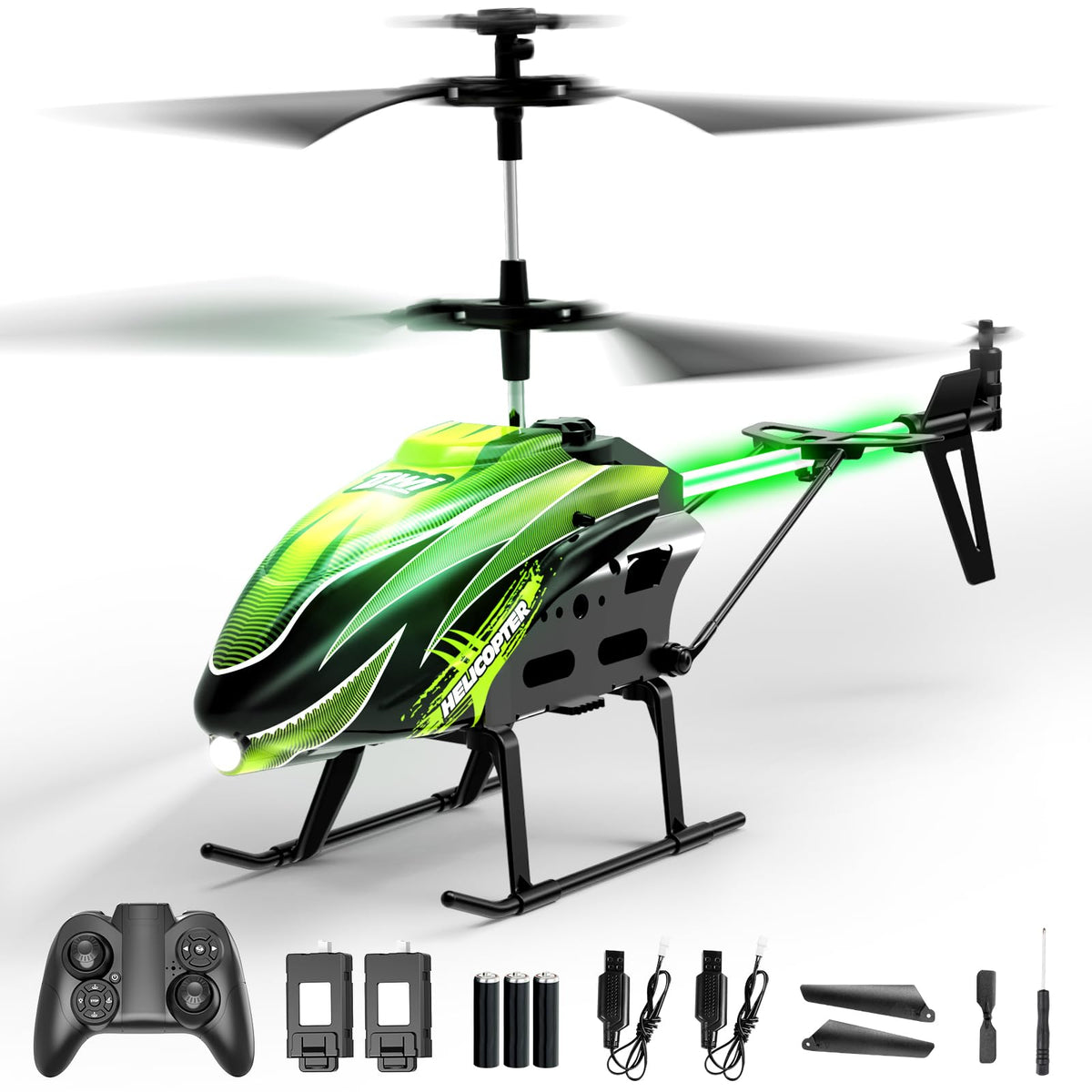 Dwi Dowellin RC helicopter green front view, ideal for indoor flying and beginner practice.