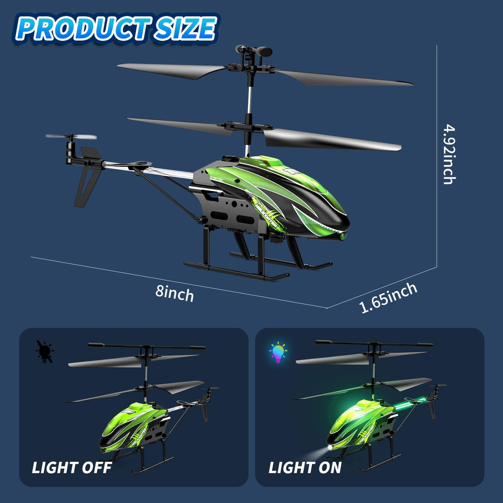 Dwi Dowellin RC helicopter green gyro tech, enabling stable hover and easier learning curve.