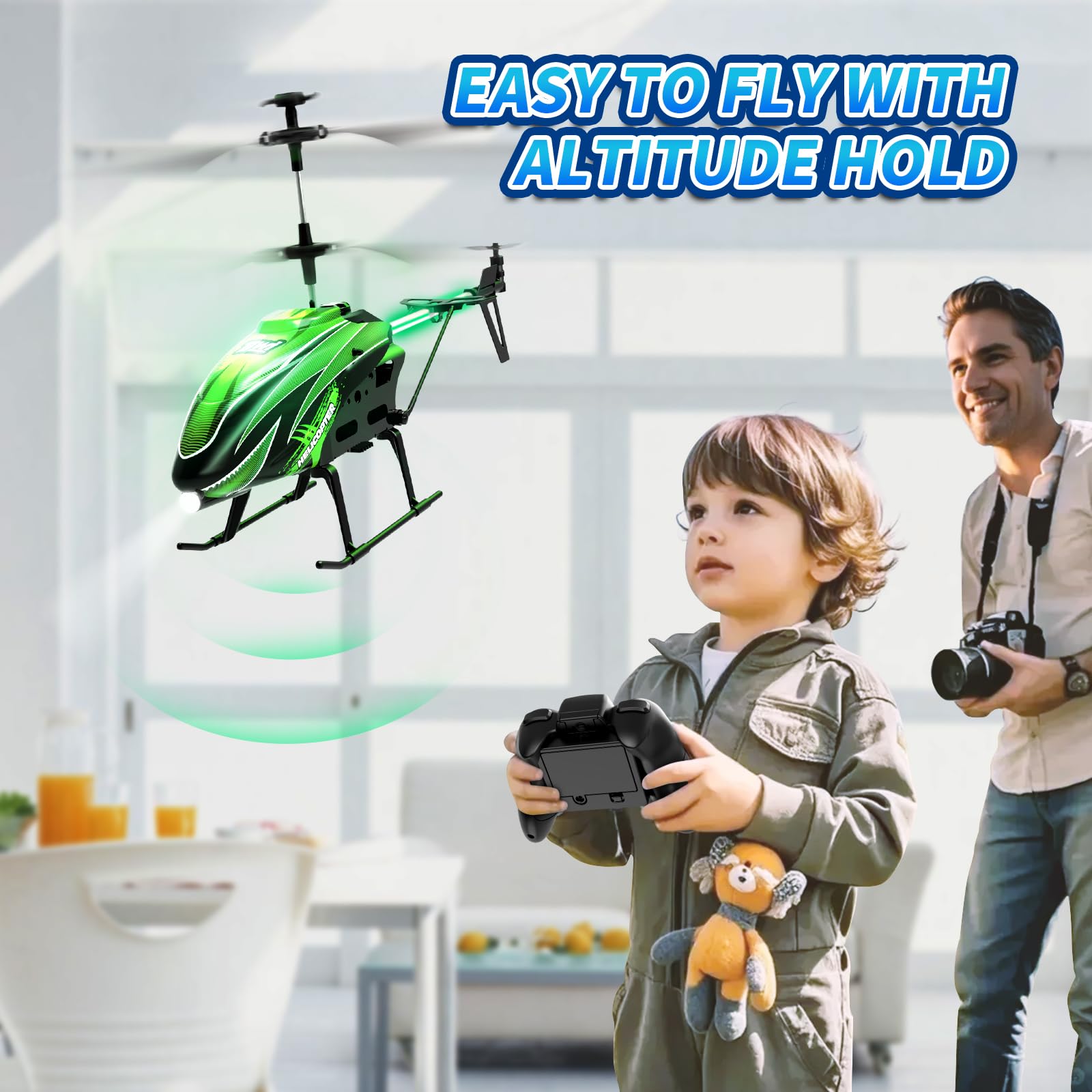 Dwi Dowellin RC helicopter green lights, 8 modes for immersive night-time play.