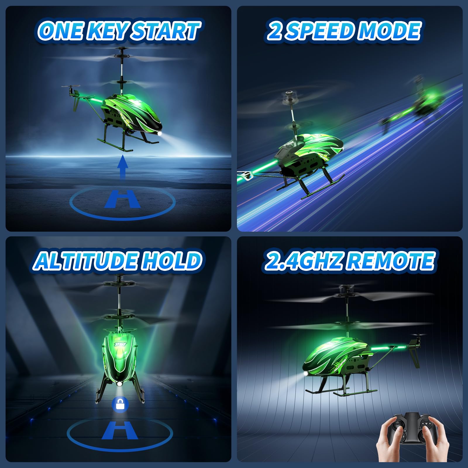 Dwi Dowellin RC helicopter green top view, showcasing 8 light modes during play.