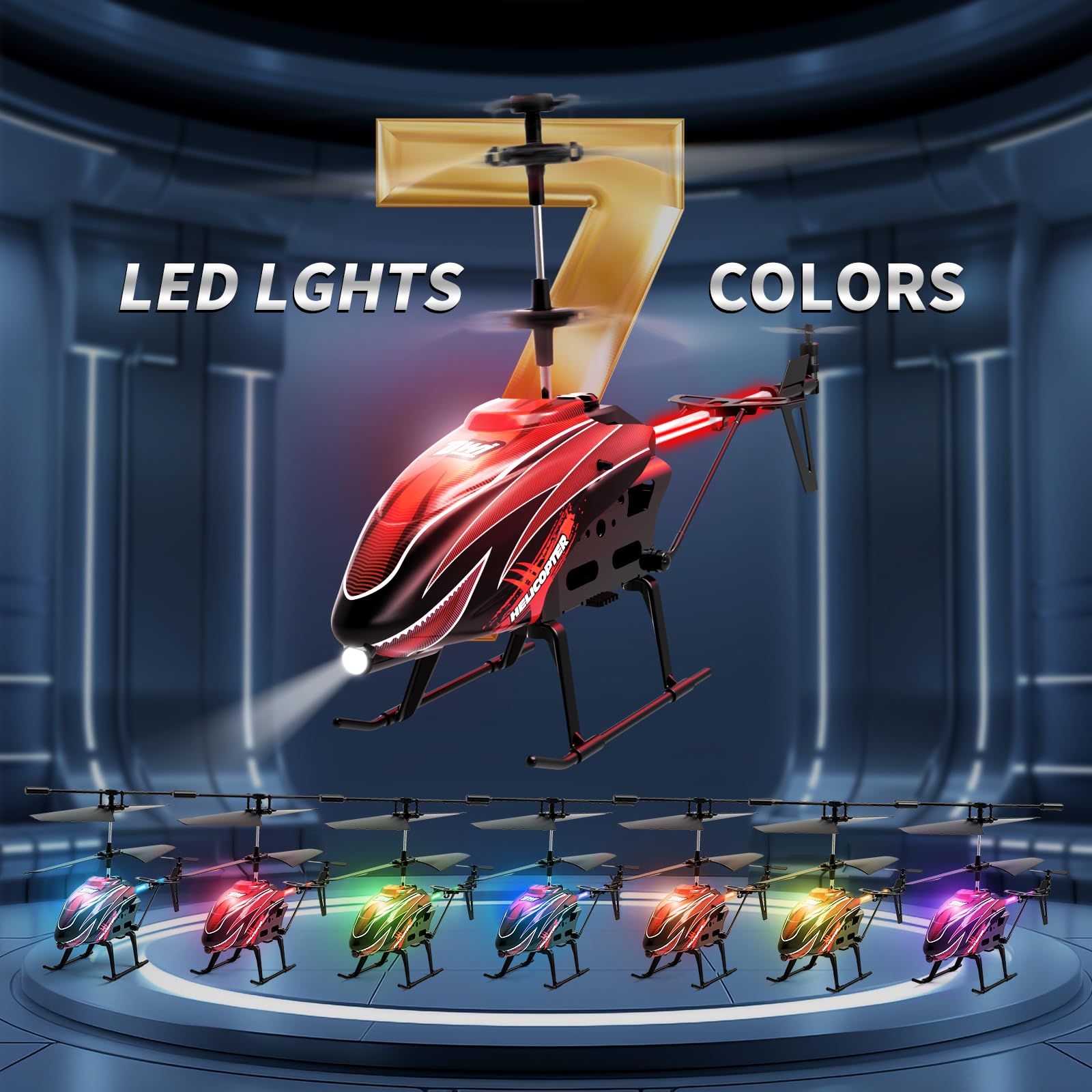 Dwi Dowellin RC Helicopter displays eight light modes during indoor flight