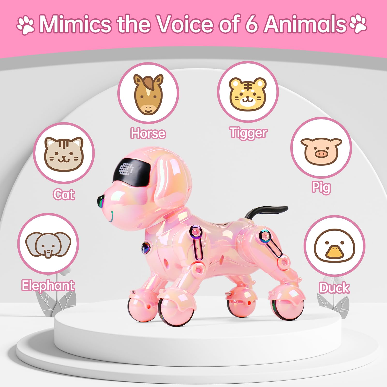 Dwi Dowellin pink robot dog dancing action demonstrates motion and rhythm during play.