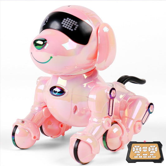 Dwi Dowellin pink robot dog front view invites storytelling and interactive play.