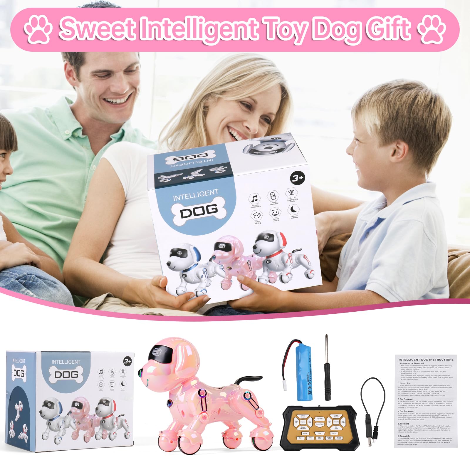 Dwi Dowellin pink robot dog packaging box presents a gift-ready toy.