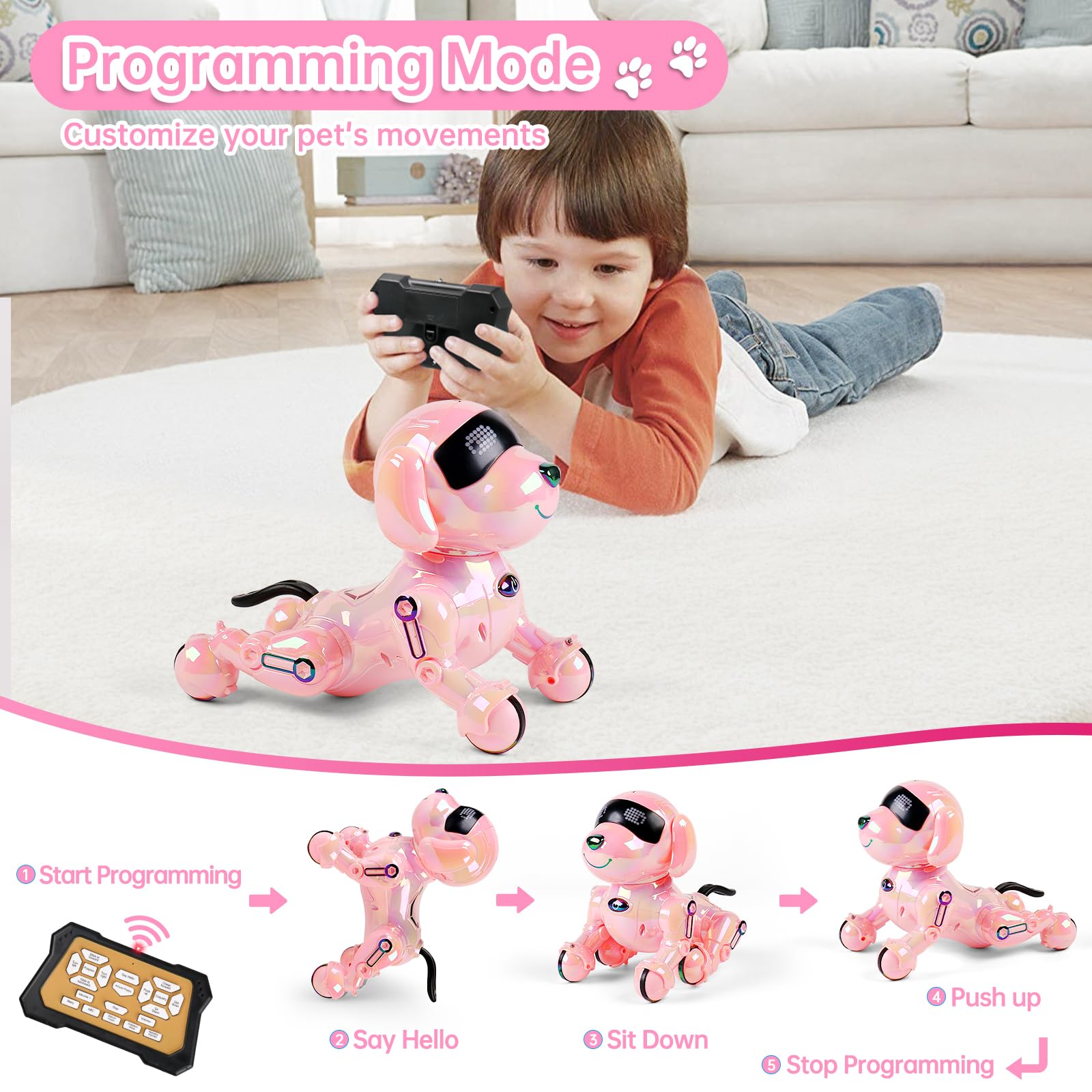 Dwi Dowellin pink robot dog side view as a playful companion at home.