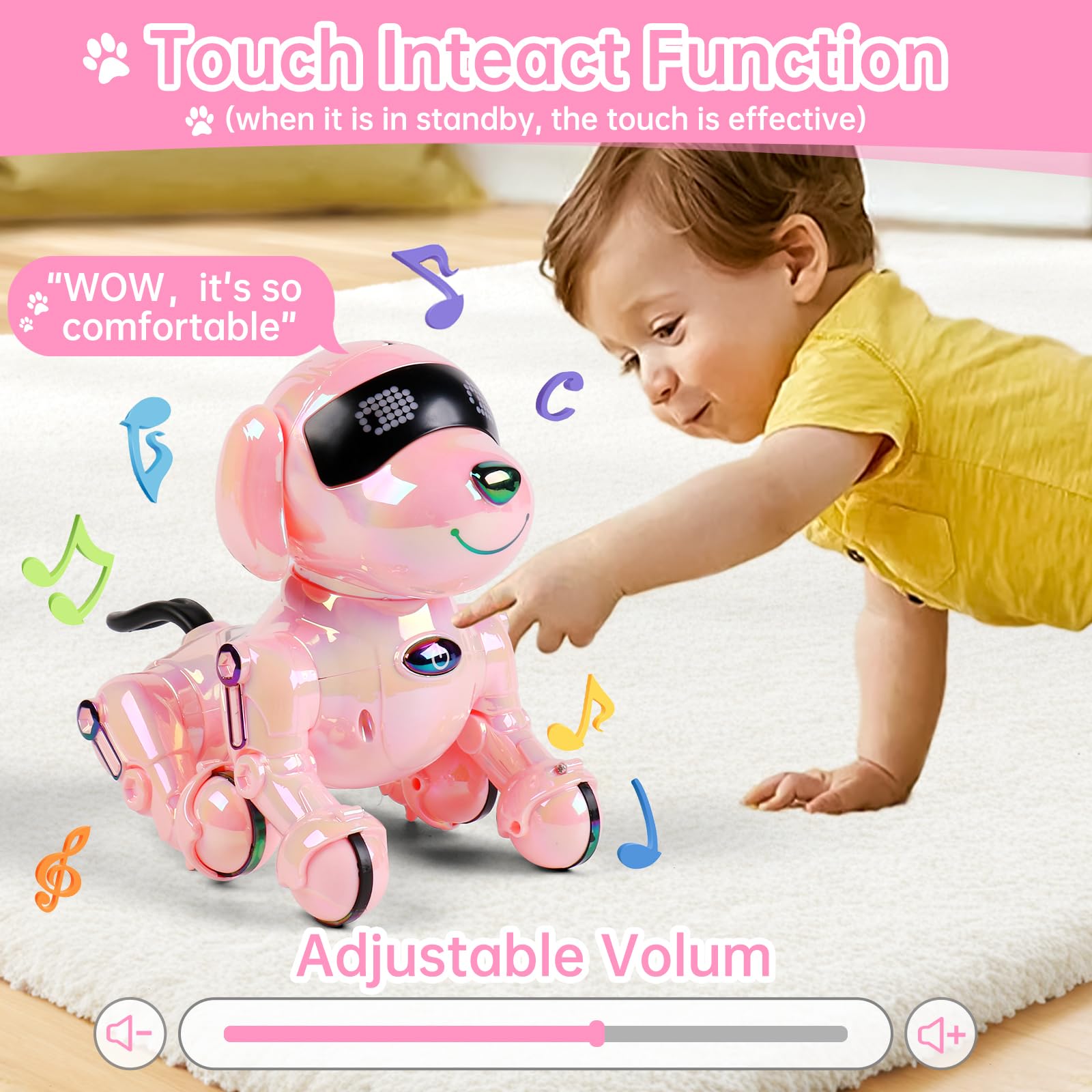 Dwi Dowellin pink robot dog storytime action supports imagination during stories.