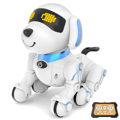 Dwi Dowellin robot dog remote control in action, guiding storytelling and interactive play for kids.