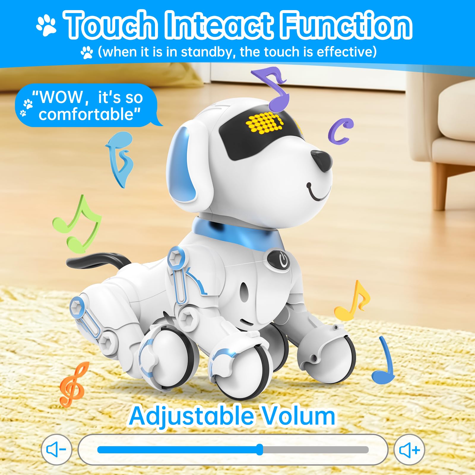 Dwi Dowellin robot dog smooth surface avoids rough edges for safe hand play.