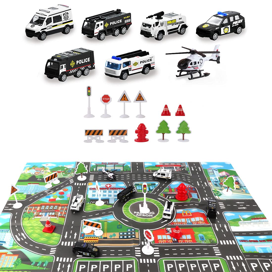 Dwi Dowellin road signs set helps teach basic traffic concepts during play.