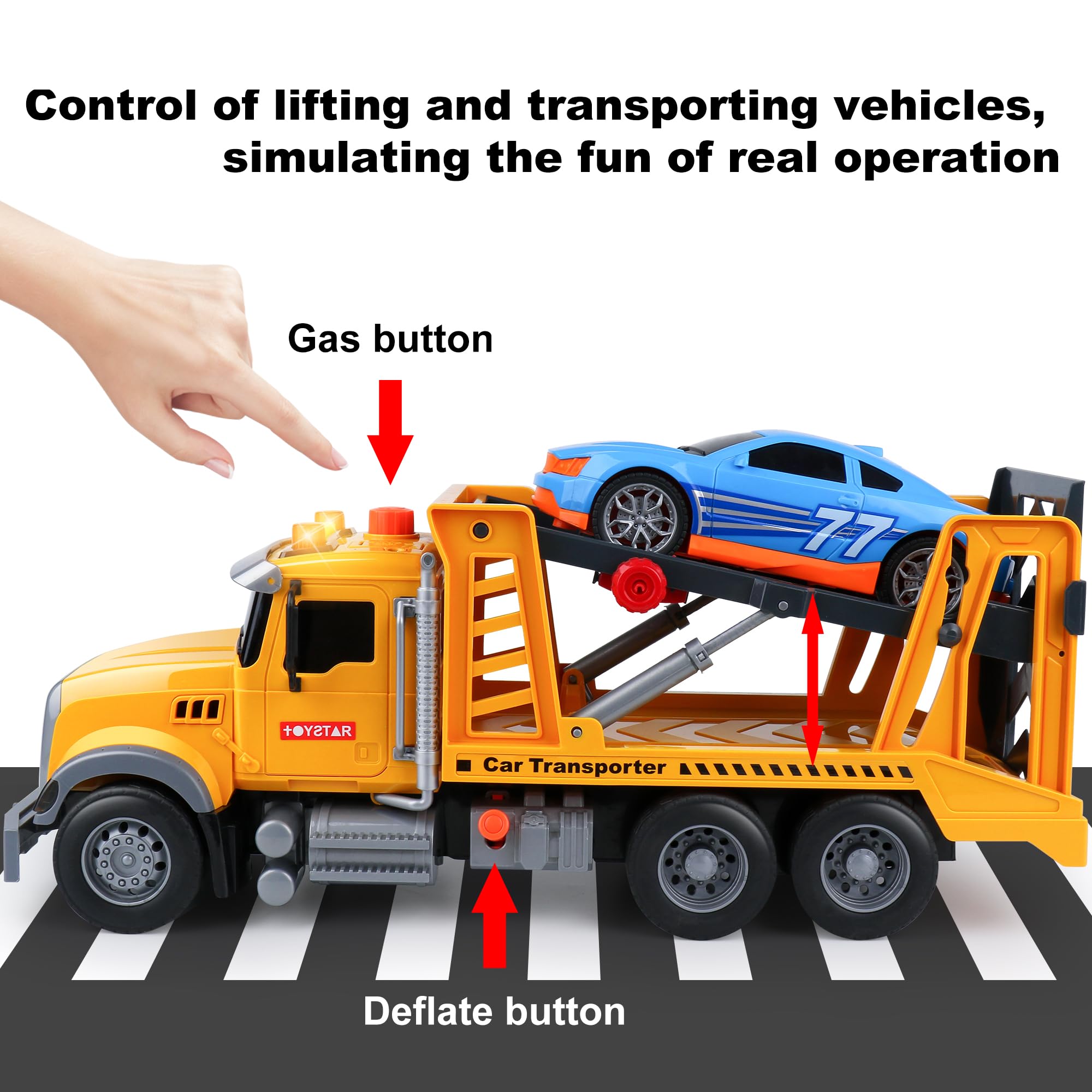 Dwi Dowellin racing car and tow truck with lights encourage interactive pretend play.