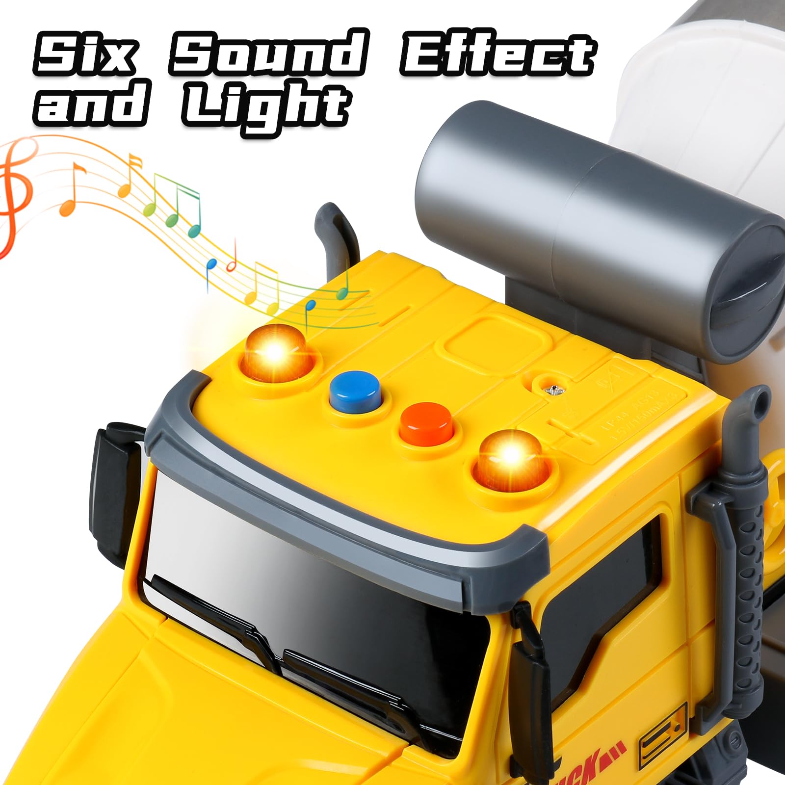 DWIRCTOYS cement mixer spin and dump action for pretend construction play.