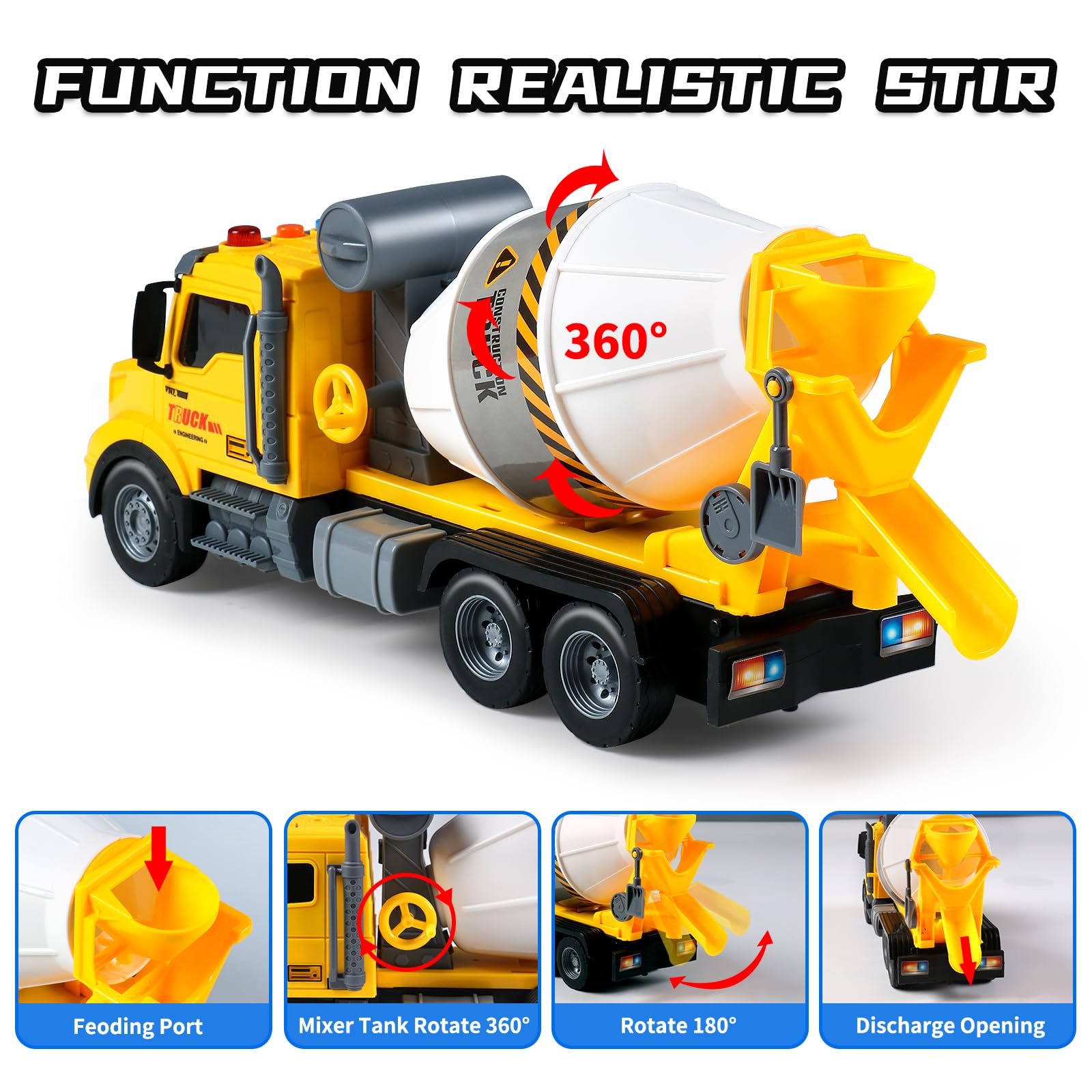 DWIRCTOYS mixer truck top buttons power lights and sounds during play.
