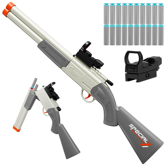DWMTGS toy gun double barrel shotgun front view with scope for safe, active play.