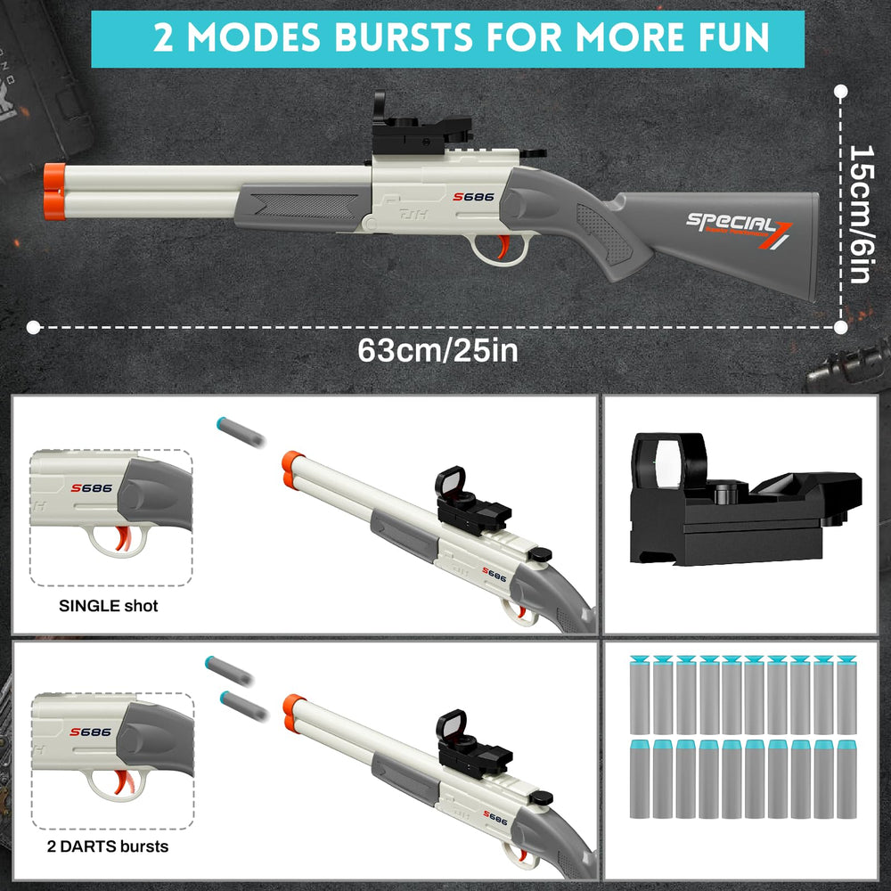 DWMTGS toy gun double barrel shotgun with green dot scope for precise aiming.