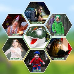 DX DA XIN Dinosaur Headlamp T-Rex in camping scene for dim trails