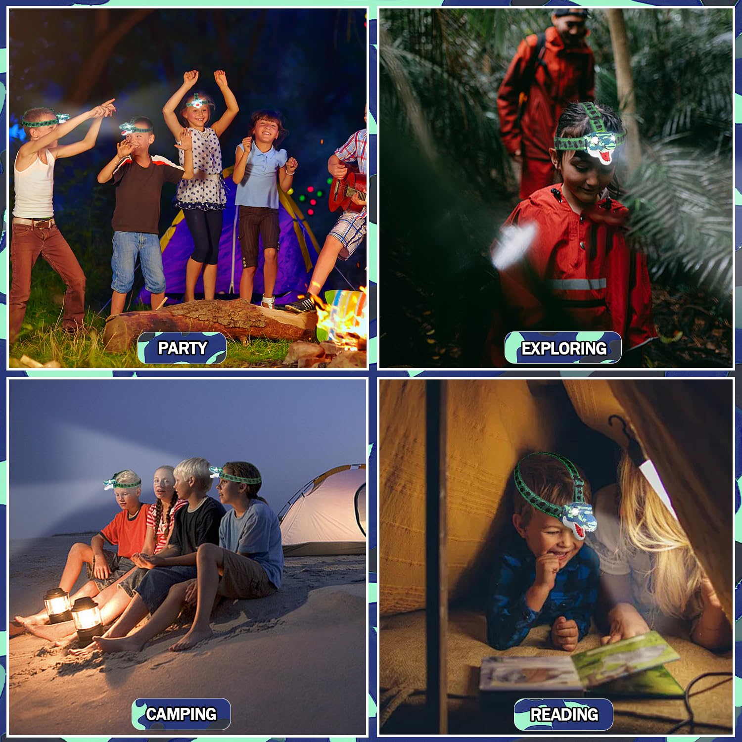 DX DA XIN headlamp displaying four lighting modes for versatile activities