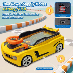 DY-GO steering wheel toy in game mode with obstacles for growing drivers