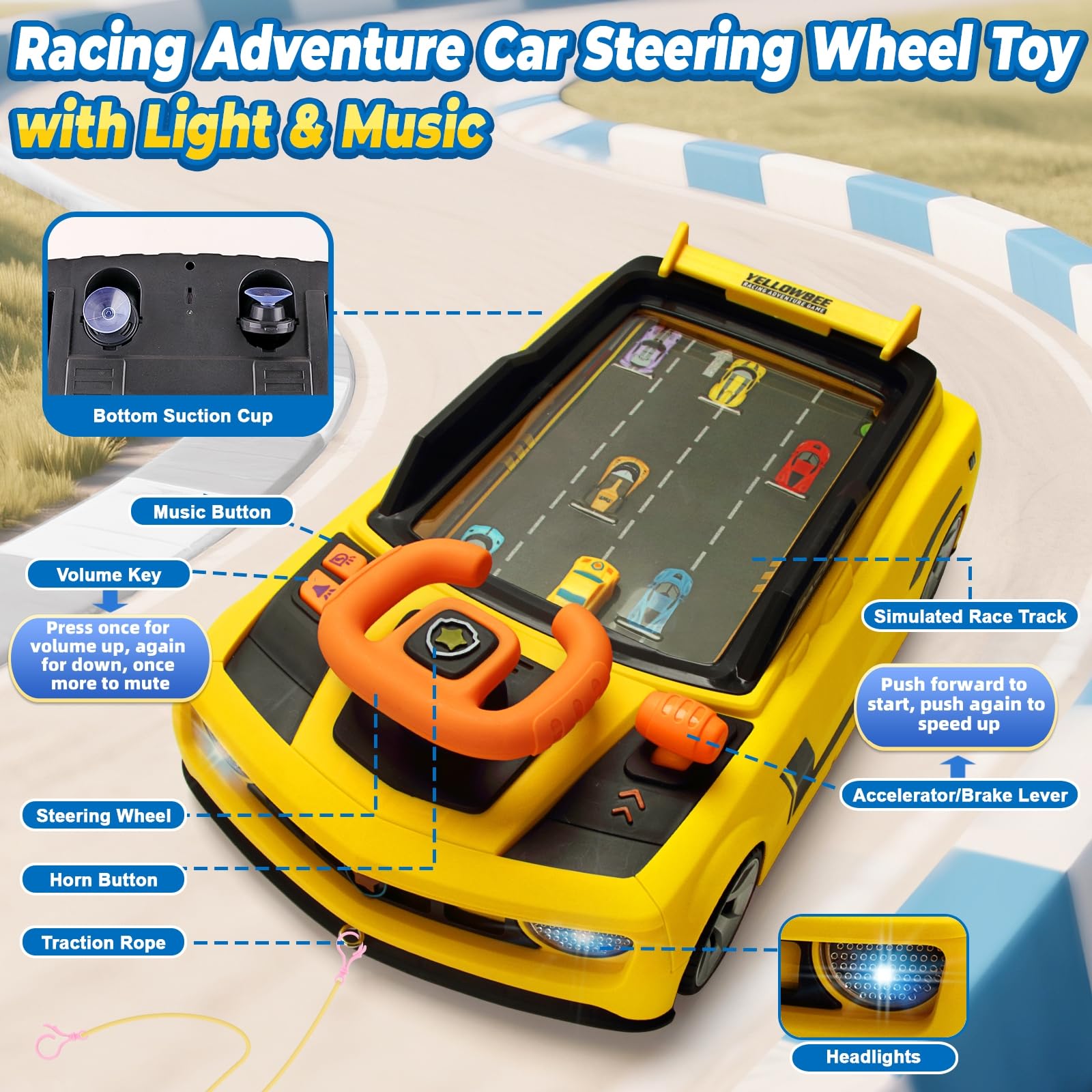 DY-GO steering wheel toy showing tow rope feature for pulling during play