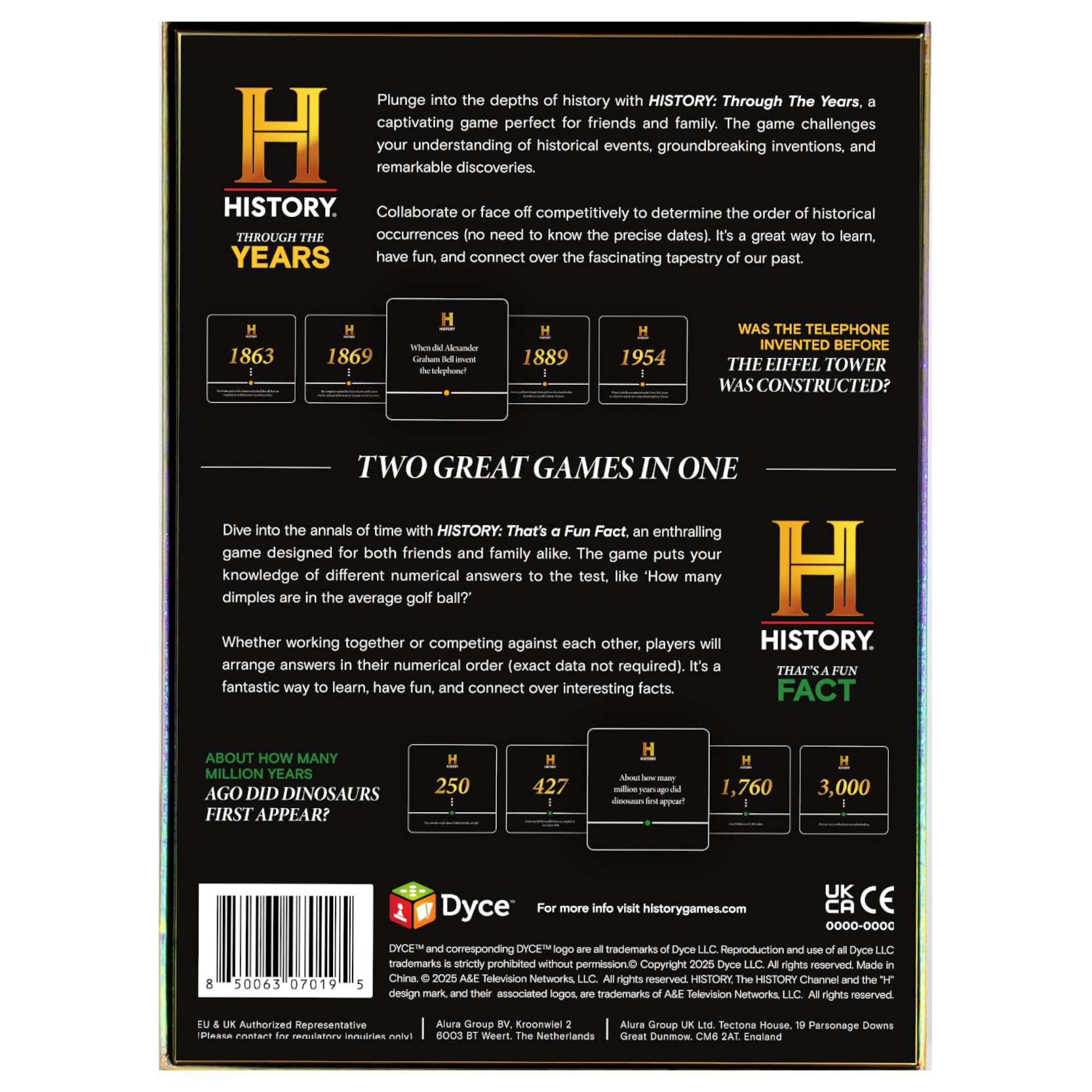 Gift-ready box of DYCE History Channel 2-in-1 edition for holidays.