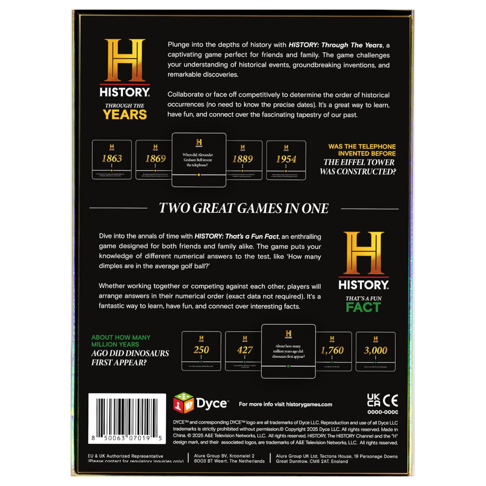 Gift-ready box of DYCE History Channel 2-in-1 edition for holidays.