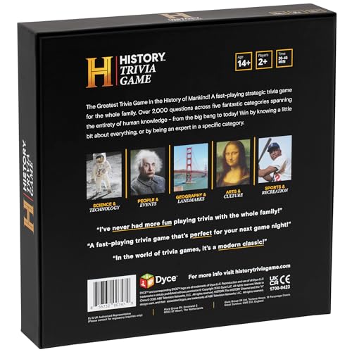 DYCE History Channel Trivia Game Arts & Culture cards on display for broad topics