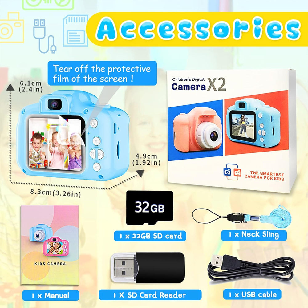 Dylanto Upgrade Kids Selfie Camera 32GB SD card included blue stores thousands of photos
