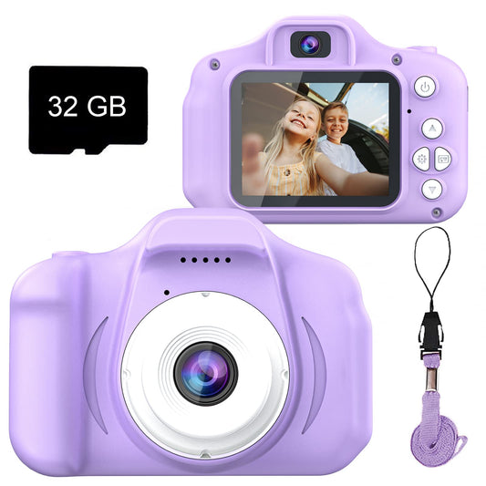 Dylanto Upgrade Kids Selfie Camera front view in purple, easy-grip for young photographers.