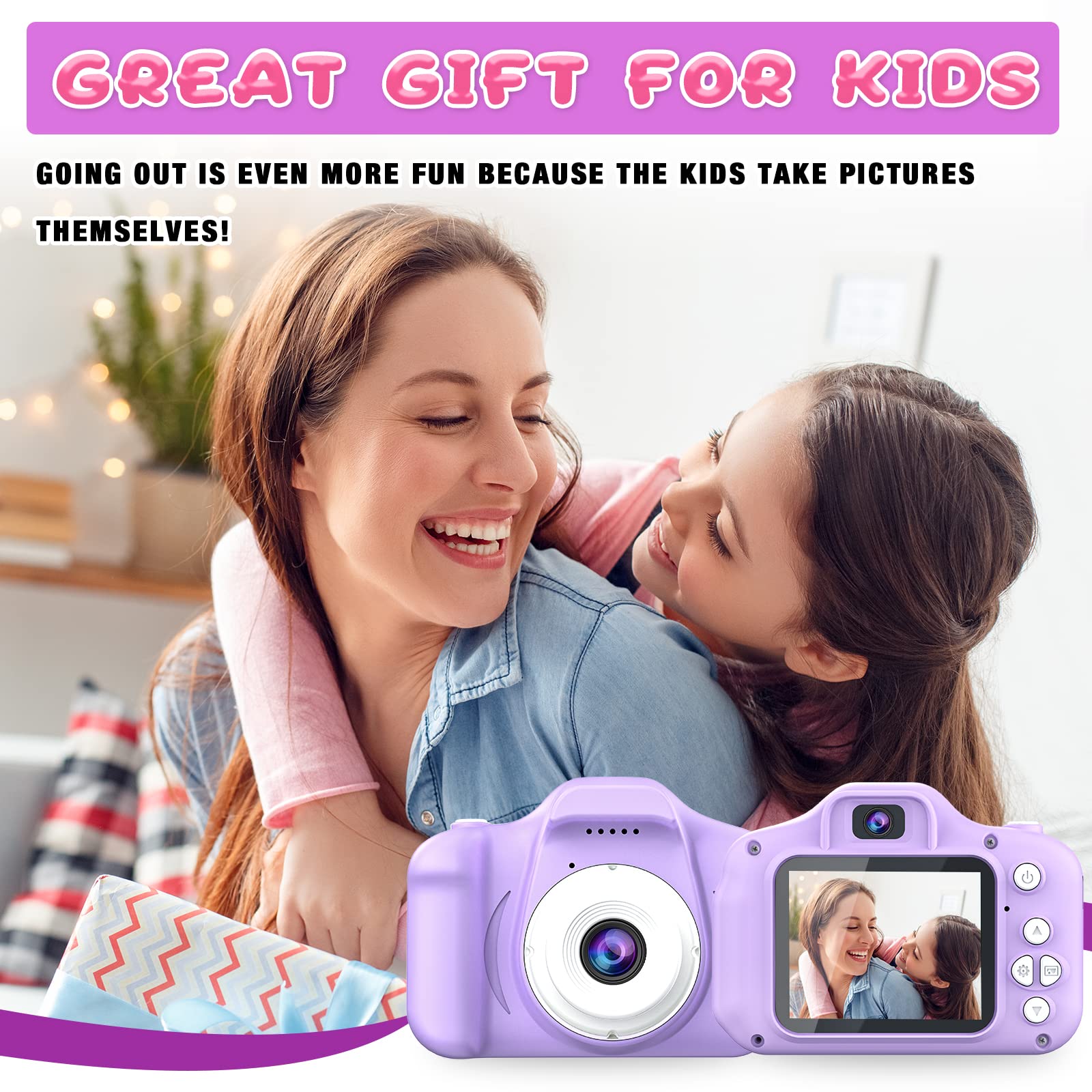 Dylanto Upgrade Kids Selfie Camera packaging includes 32GB SD card.
