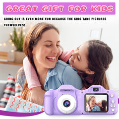 Dylanto Upgrade Kids Selfie Camera packaging includes 32GB SD card.