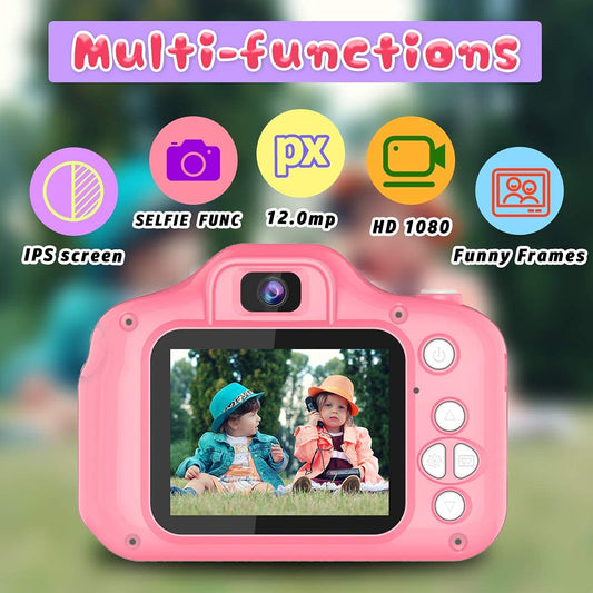 Dylanto Upgrade Kids Selfie Camera pink back view, simple controls for beginners.