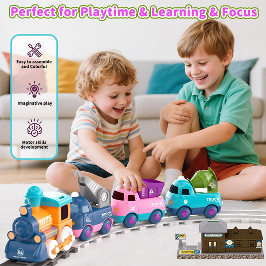 Dynffur train set carriages connect easily for creative layouts
