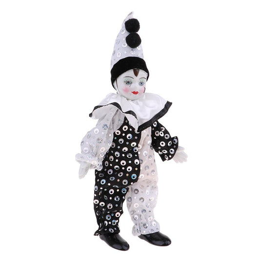 DYNWAVE 9 inch clown doll in sitting pose with porcelain head for elegant tabletop display