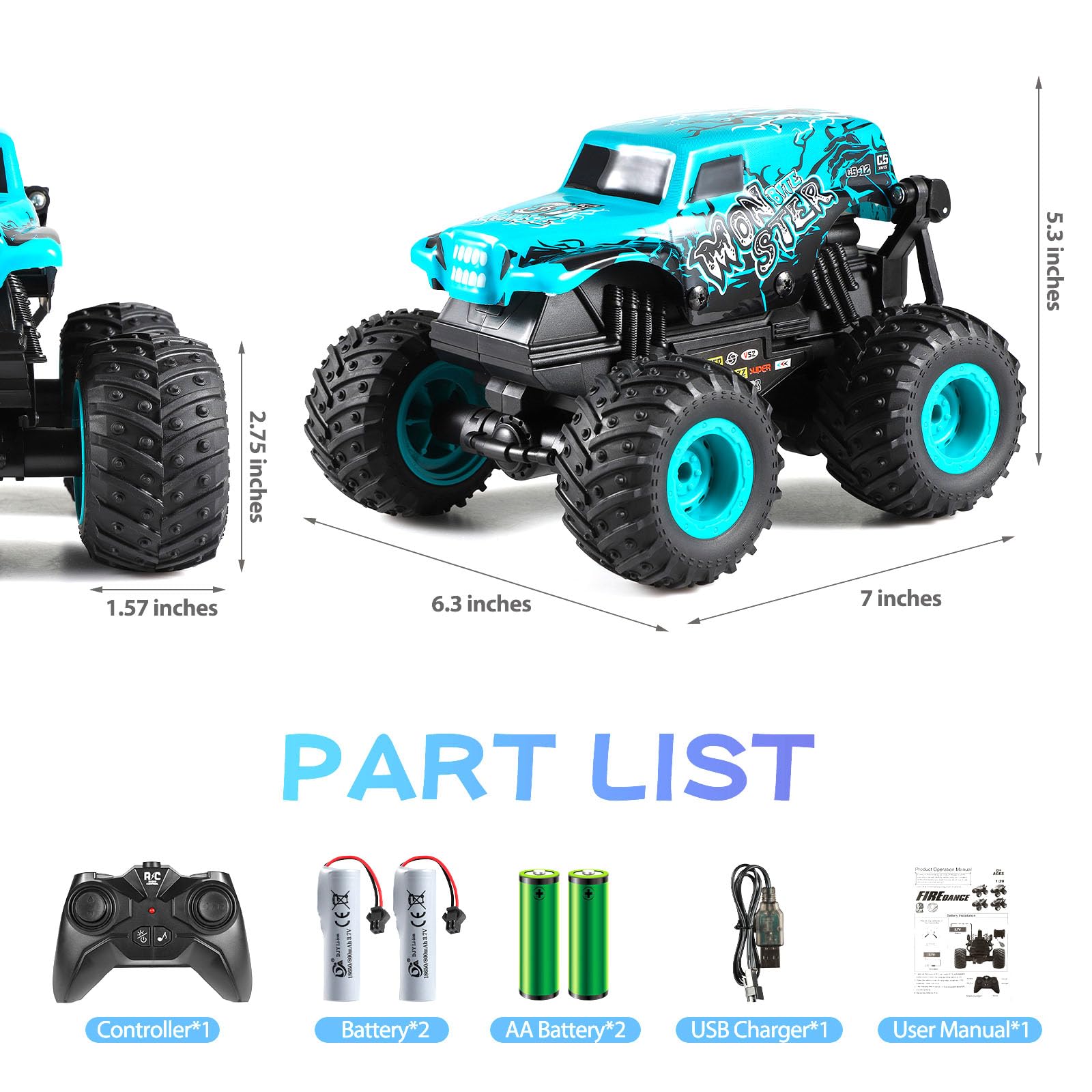 DYODYORC remote control car side view highlights all-terrain capability and rugged grip