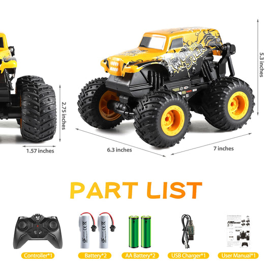DYODYORC RC monster truck yellow side view ready for all-terrain adventures